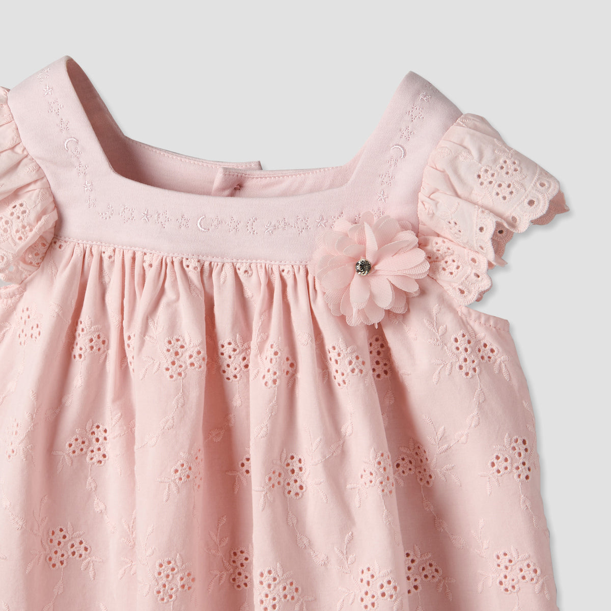 Giggles Square Neck Short Sleeve Dress with Embroidery