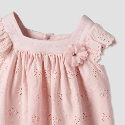 Giggles Square Neck Short Sleeve Dress with Embroidery
