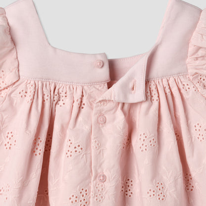 Giggles Square Neck Short Sleeve Dress with Embroidery