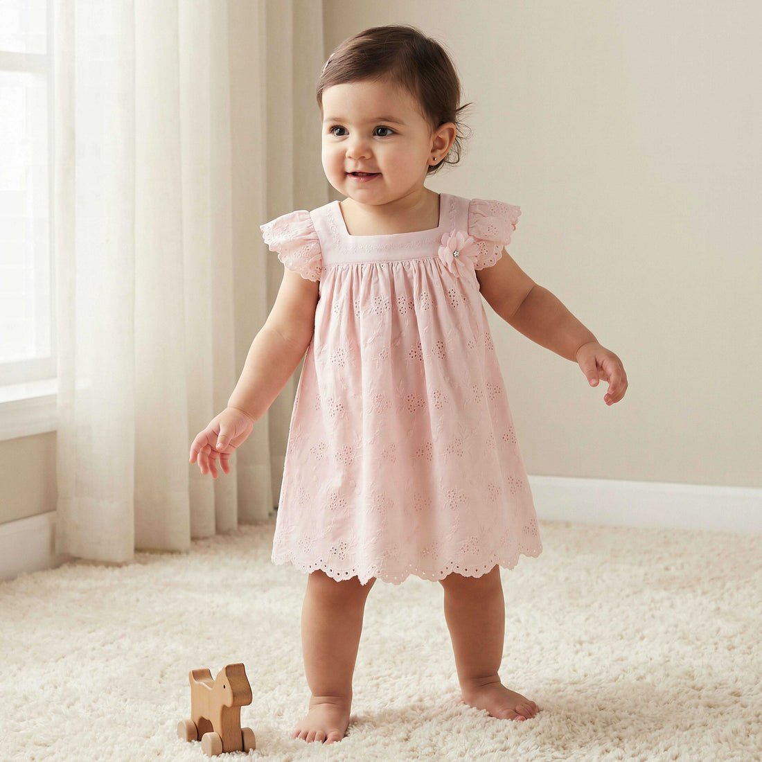 Giggles Square Neck Short Sleeve Dress with Embroidery - Pink / 12-18 mths