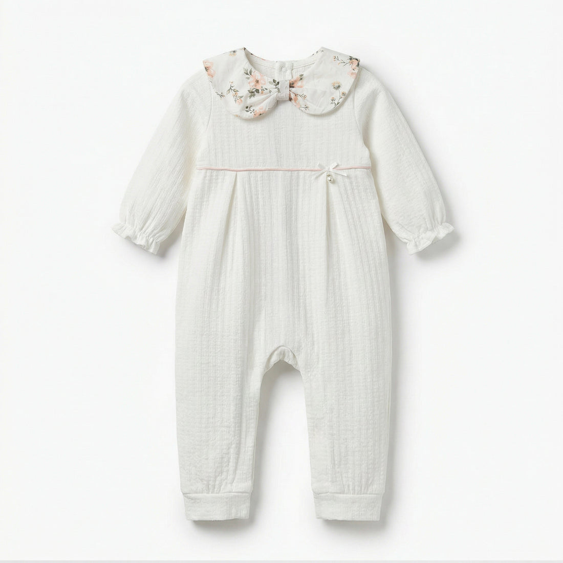 Giggles Cotton Peter Pan Collar Long Sleeves Sleepsuit with Floral Print - White / 12-18 mths