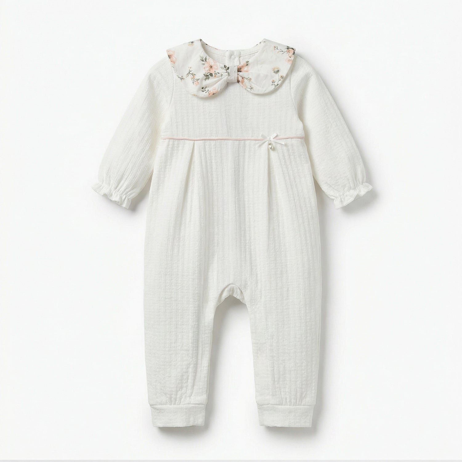 Giggles Cotton Peter Pan Collar Long Sleeves Sleepsuit with Floral Print - White / 12-18 mths