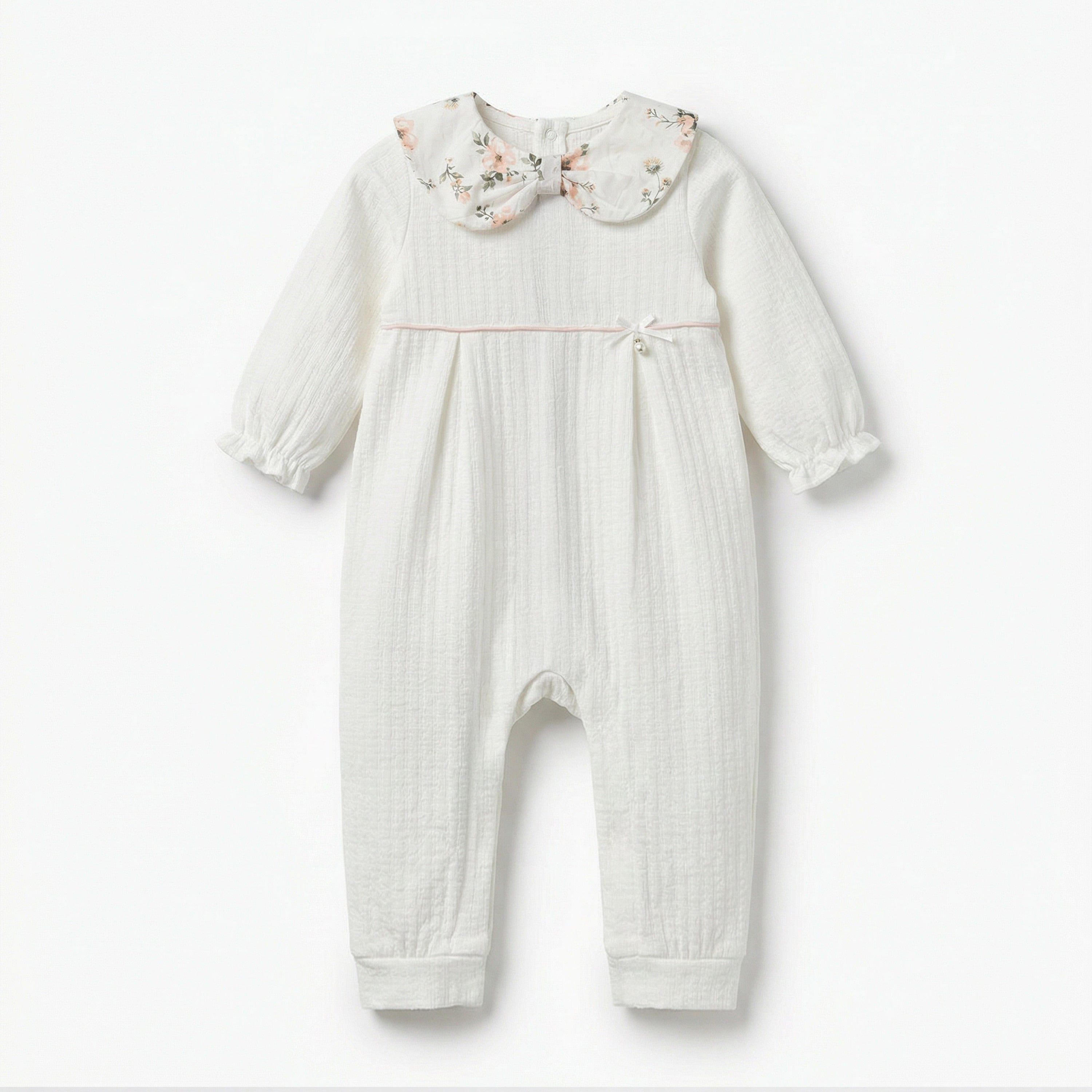 Giggles Cotton Peter Pan Collar Long Sleeves Sleepsuit with Floral Print - White / 12-18 mths