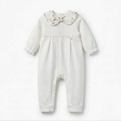 Giggles Cotton Peter Pan Collar Long Sleeves Sleepsuit with Floral Print - White / 12-18 mths