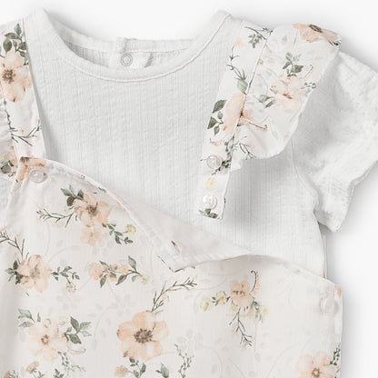 Giggles Round Neck Short Sleeves T-shirt and Dungaree Set with Floral Print