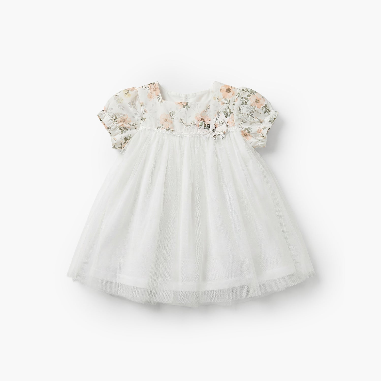 Giggles Square Neck Short Sleeves A-line Dress with Floral Print - White / 12-18 mths