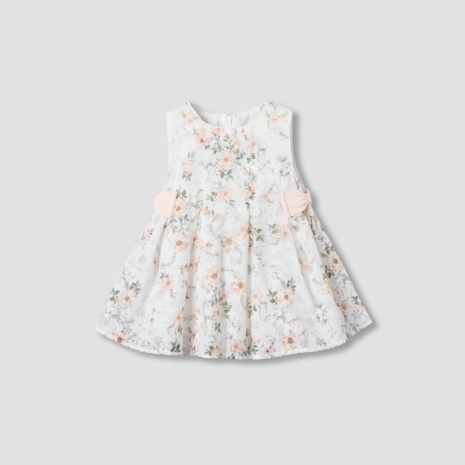 Giggles Round Neck Sleeveless A-line Dress with Floral Print - White / 12-18 mths