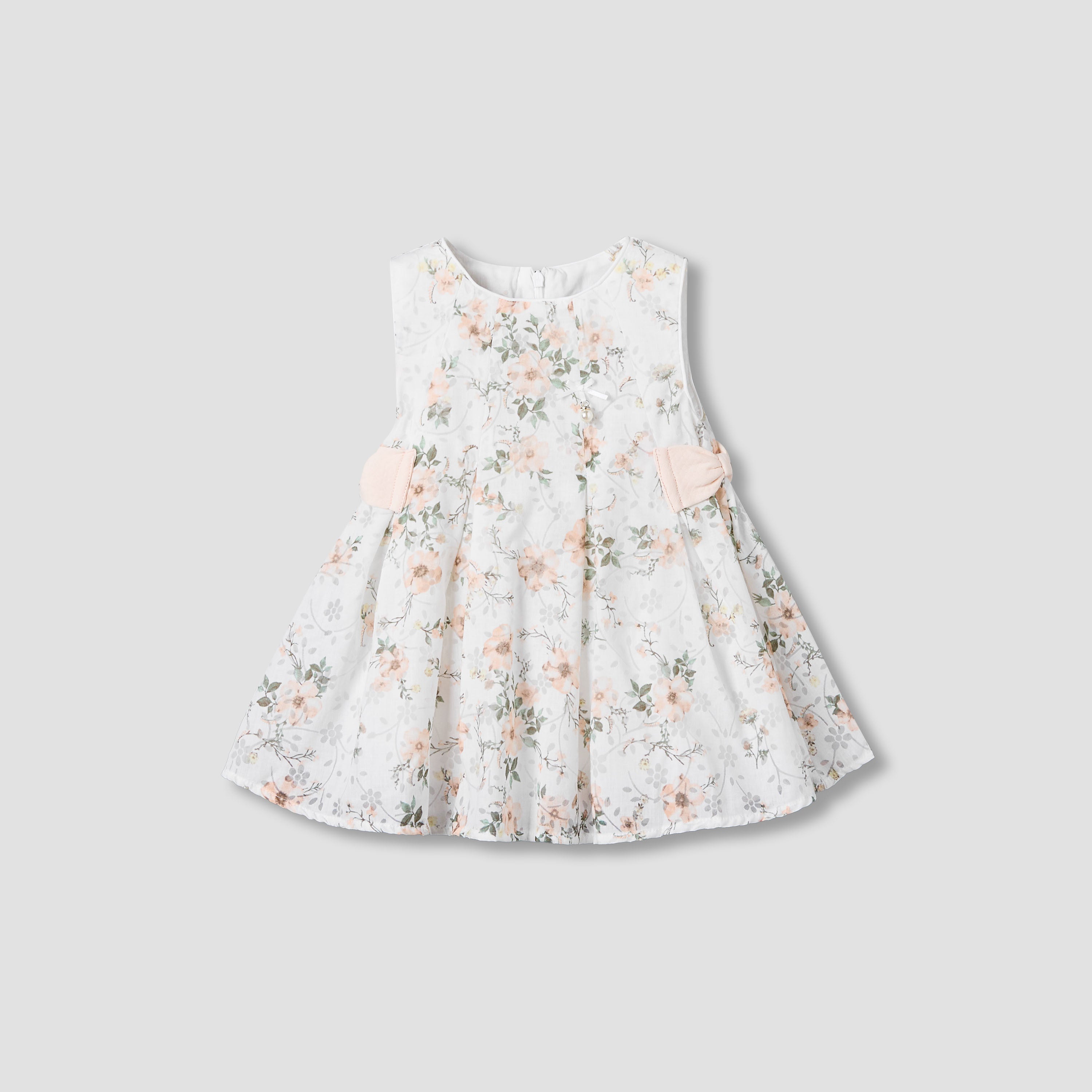 Giggles Round Neck Sleeveless A-line Dress with Floral Print - White / 12-18 mths