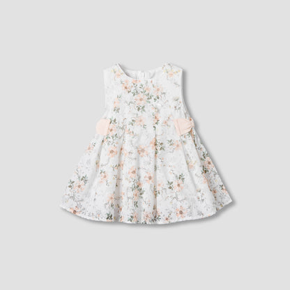 Giggles Round Neck Sleeveless A-line Dress with Floral Print - White / 12-18 mths