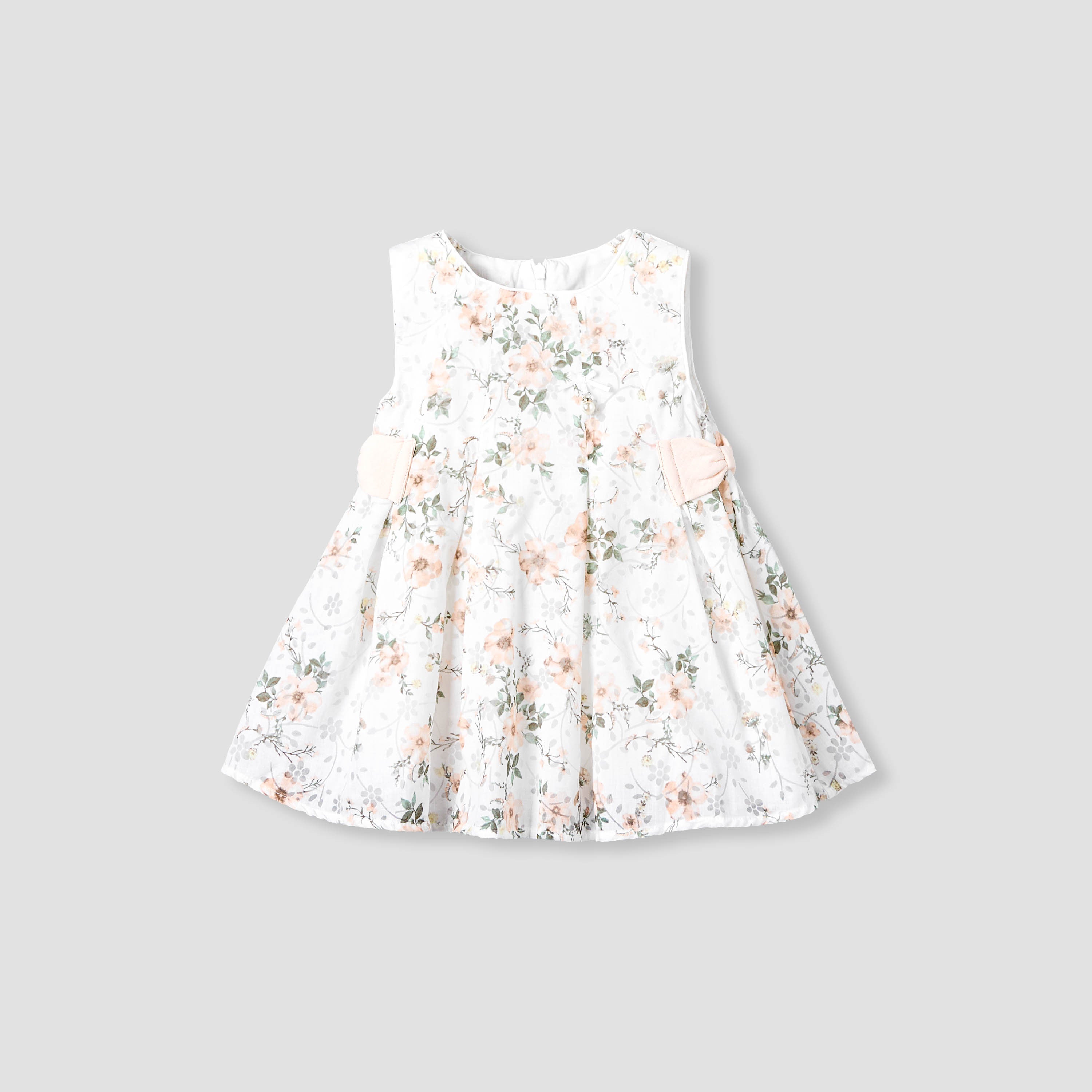 Giggles Round Neck Sleeveless A-line Dress with Floral Print - White / 12-18 mths