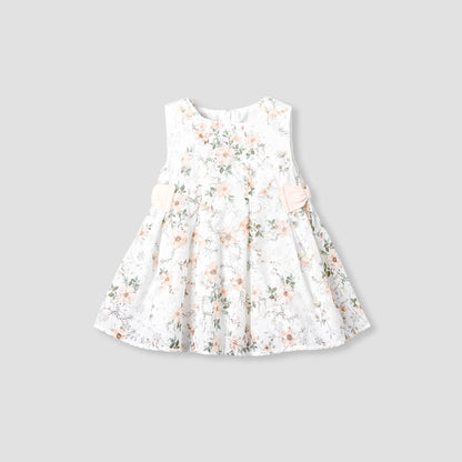 Giggles Round Neck Sleeveless A-line Dress with Floral Print - White / 12-18 mths