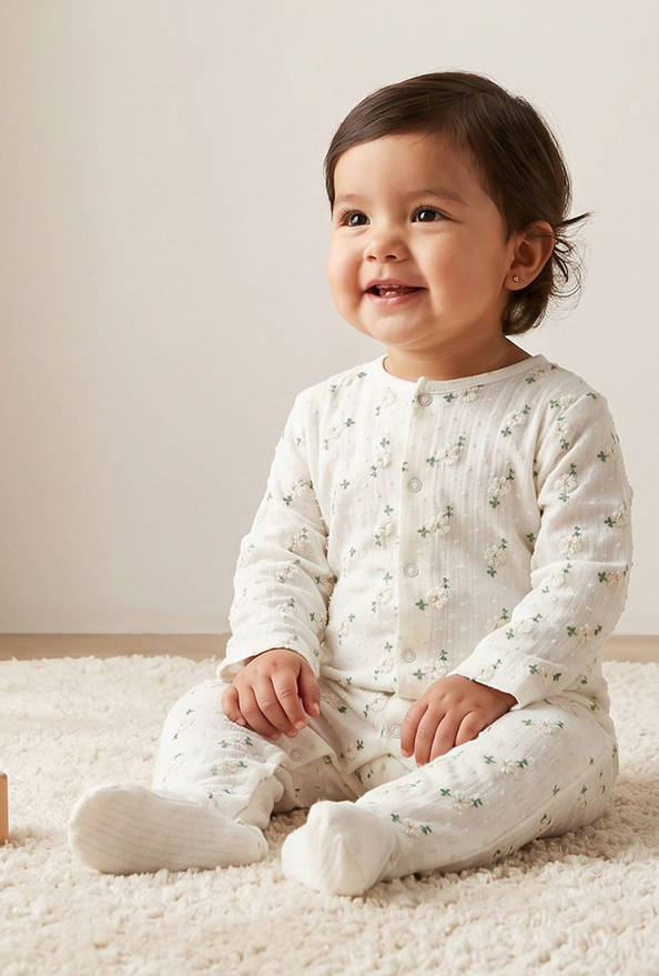 Giggles Cotton Crew Neck Long Sleeves Sleepsuit with Floral Embroidery