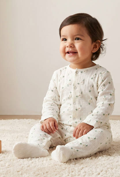 Giggles Cotton Crew Neck Long Sleeves Sleepsuit with Floral Embroidery-undefined-image-1
