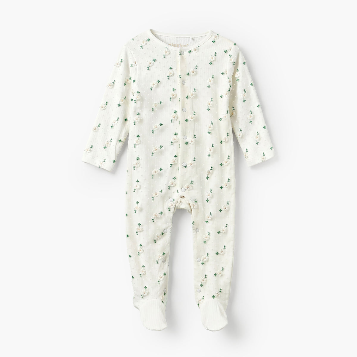 Giggles Cotton Crew Neck Long Sleeves Sleepsuit with Floral Embroidery
