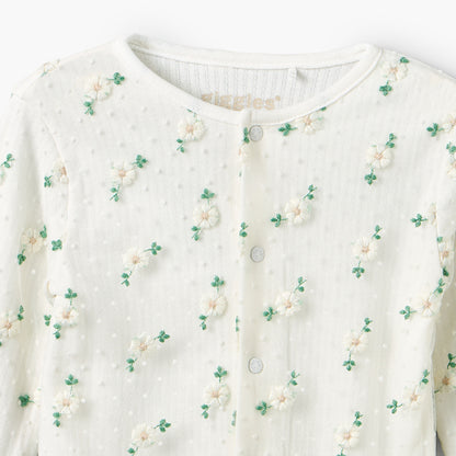 Giggles Cotton Crew Neck Long Sleeves Sleepsuit with Floral Embroidery