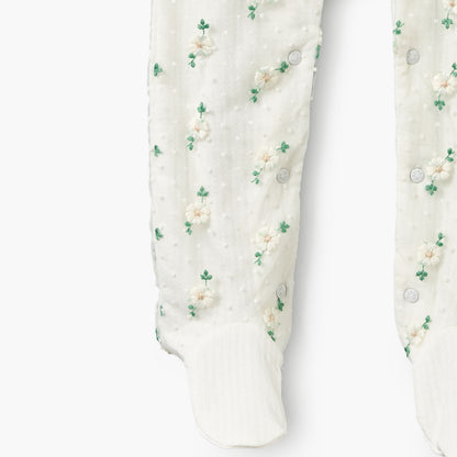 Giggles Cotton Crew Neck Long Sleeves Sleepsuit with Floral Embroidery