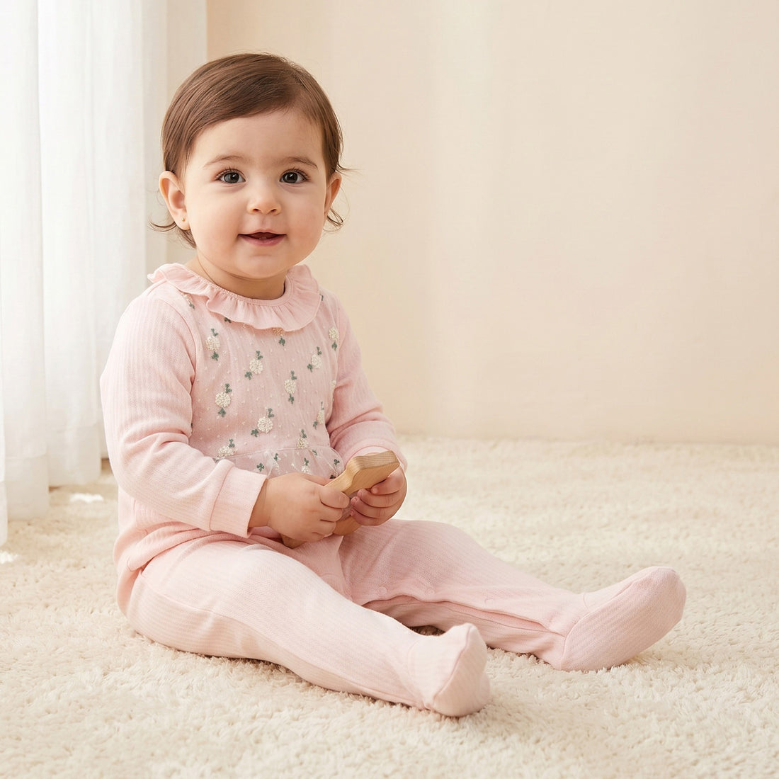 Giggles Cotton Round Neck Long Sleeves Sleepsuit with Snap Button Closure