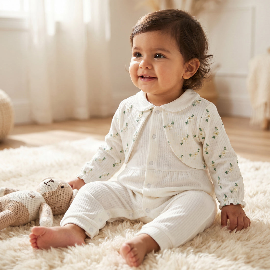 Giggles Cotton Collared Long Sleeves Sleepsuit with Floral Embroidery - White / 12-18 mths