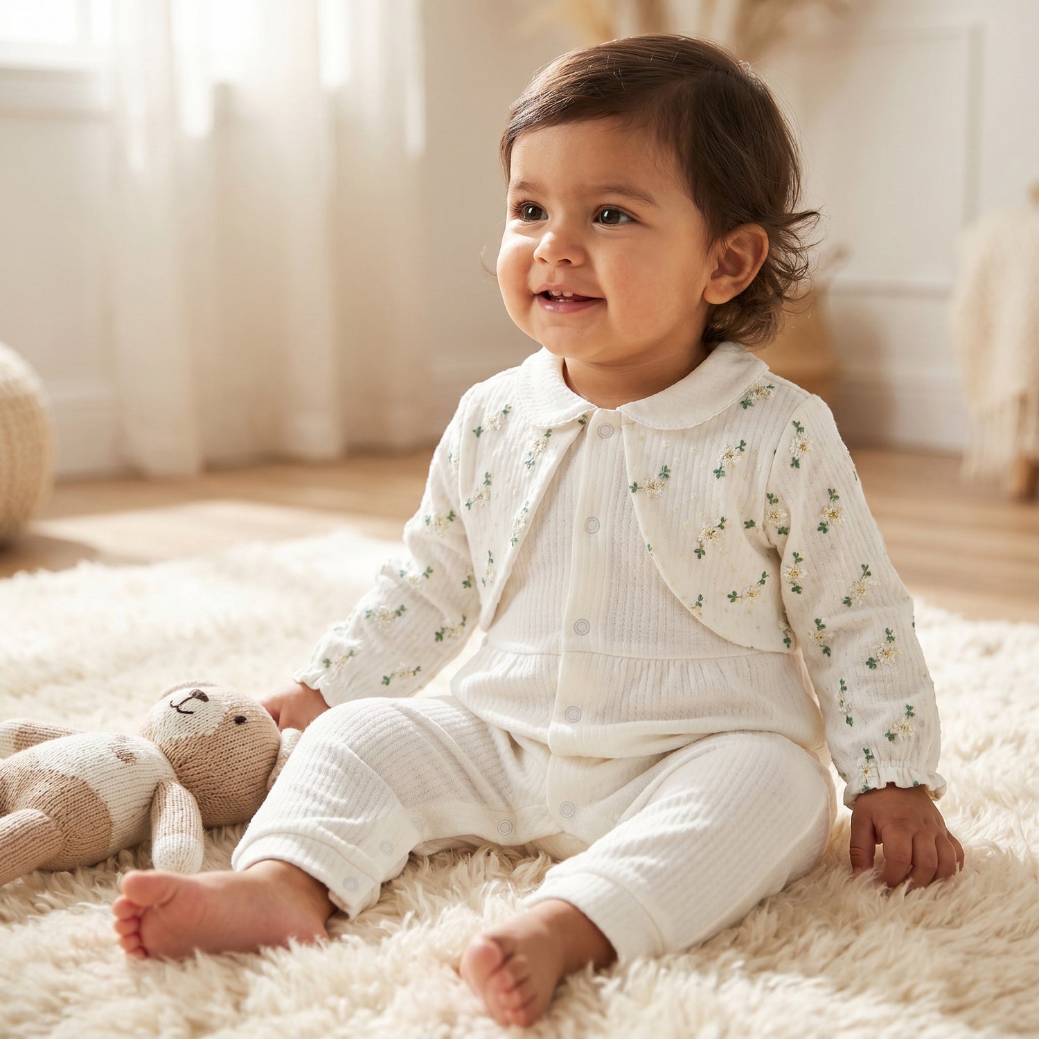 Giggles Cotton Collared Long Sleeves Sleepsuit with Floral Embroidery - White / 12-18 mths