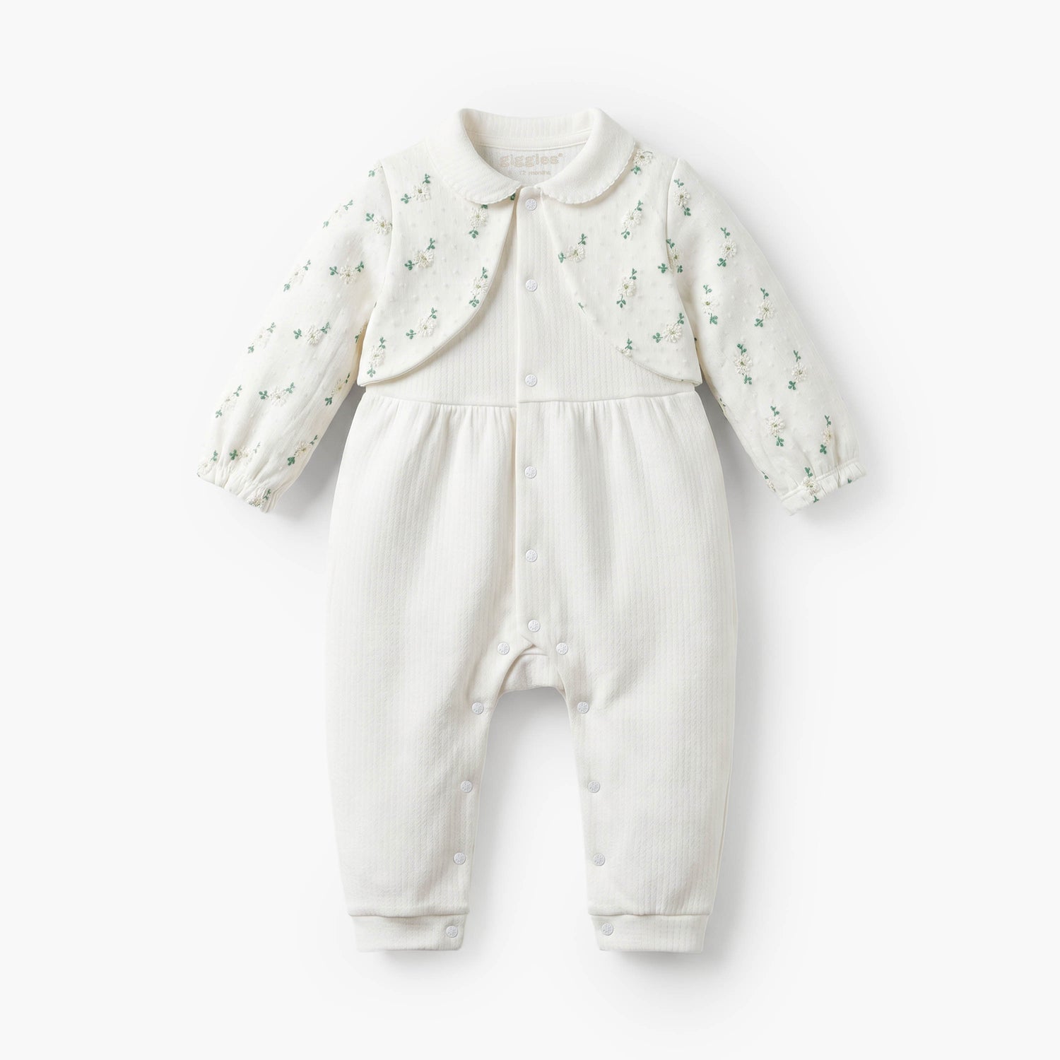 Giggles Cotton Collared Long Sleeves Sleepsuit with Floral Embroidery
