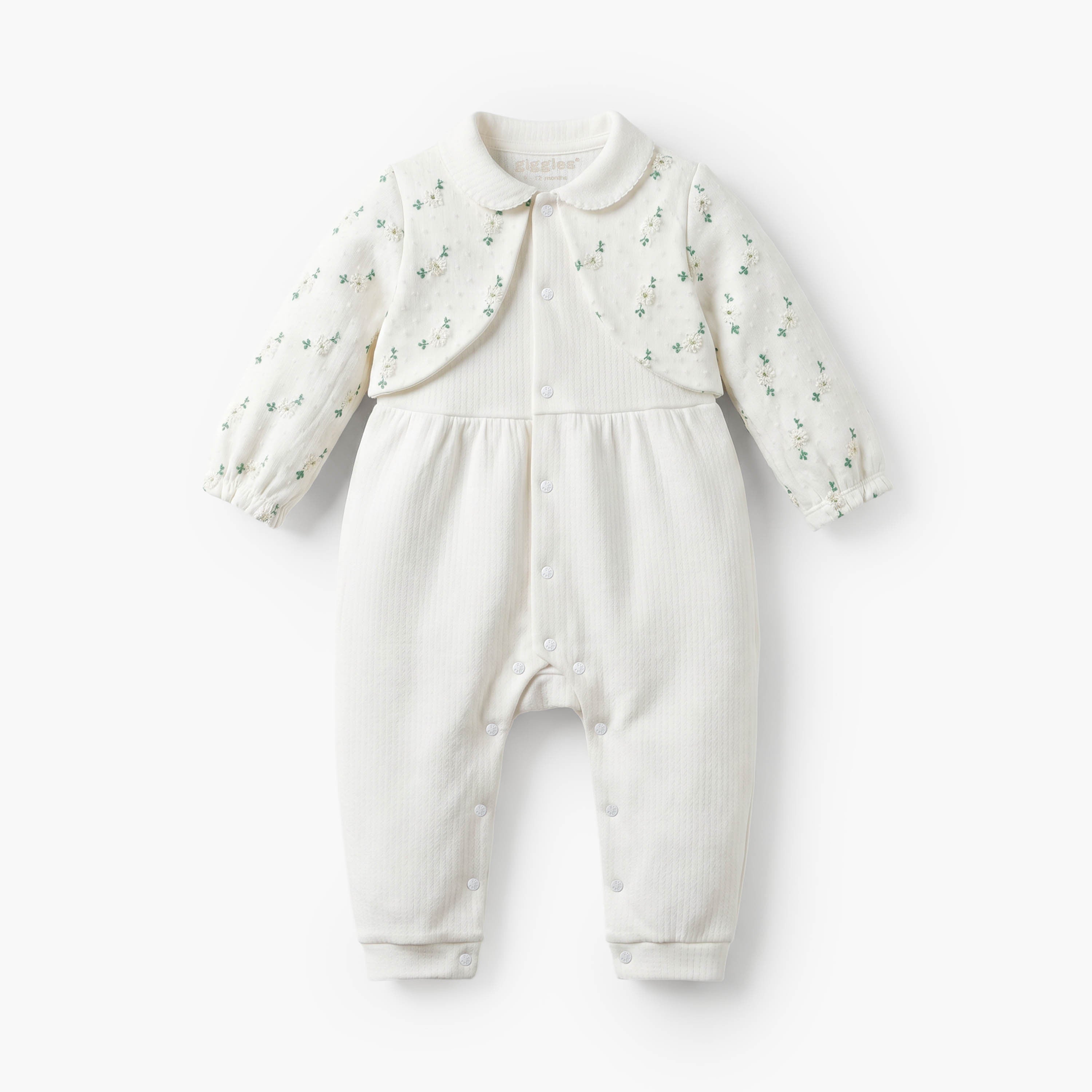 Giggles Cotton Collared Long Sleeves Sleepsuit with Floral Embroidery