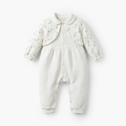 Giggles Cotton Collared Long Sleeves Sleepsuit with Floral Embroidery