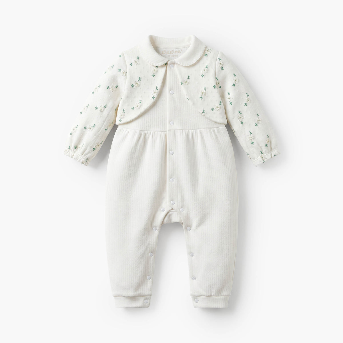 Giggles Cotton Collared Long Sleeves Sleepsuit with Floral Embroidery