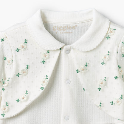 Giggles Cotton Collared Long Sleeves Sleepsuit with Floral Embroidery