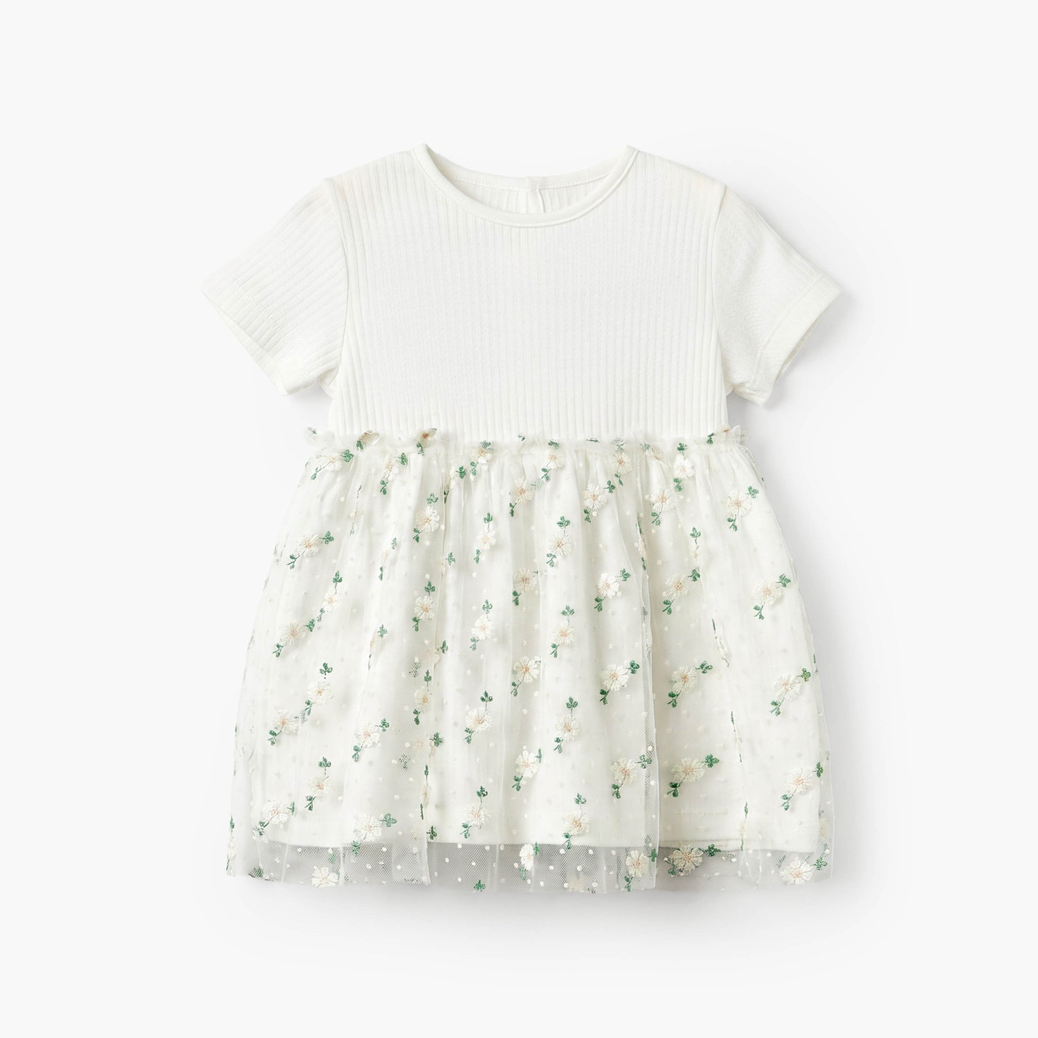 Giggles Round Neck Short Sleeves Knee Length A-line Dress with Floral Embroidery - White / 12-18 mths
