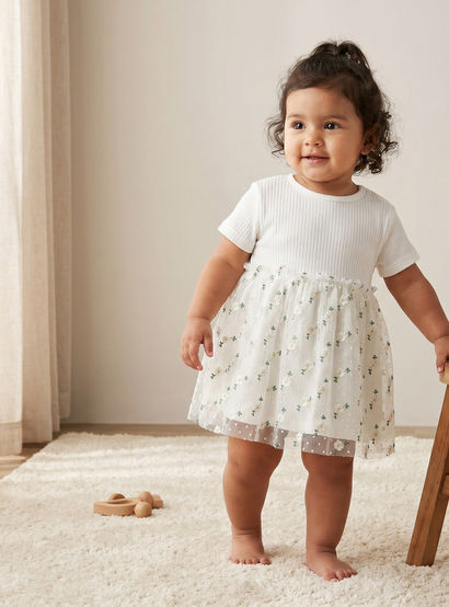 Giggles Round Neck Short Sleeves Knee Length A-line Dress with Floral Embroidery-baby-girls-clothing-dressesandjumpsuits-image-1