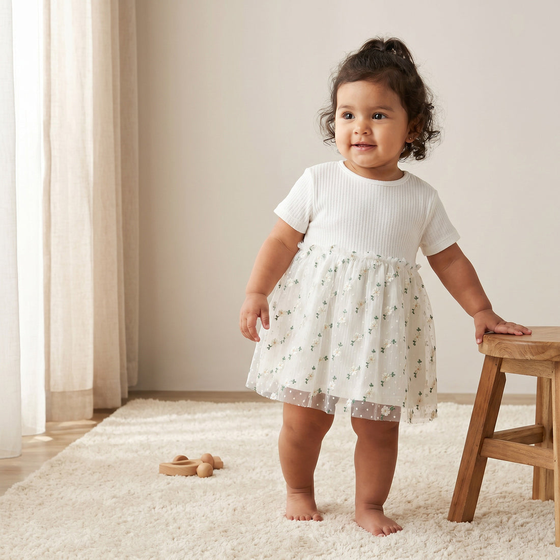 Giggles Round Neck Short Sleeves Knee Length A-line Dress with Floral Embroidery - White / 12-18 mths