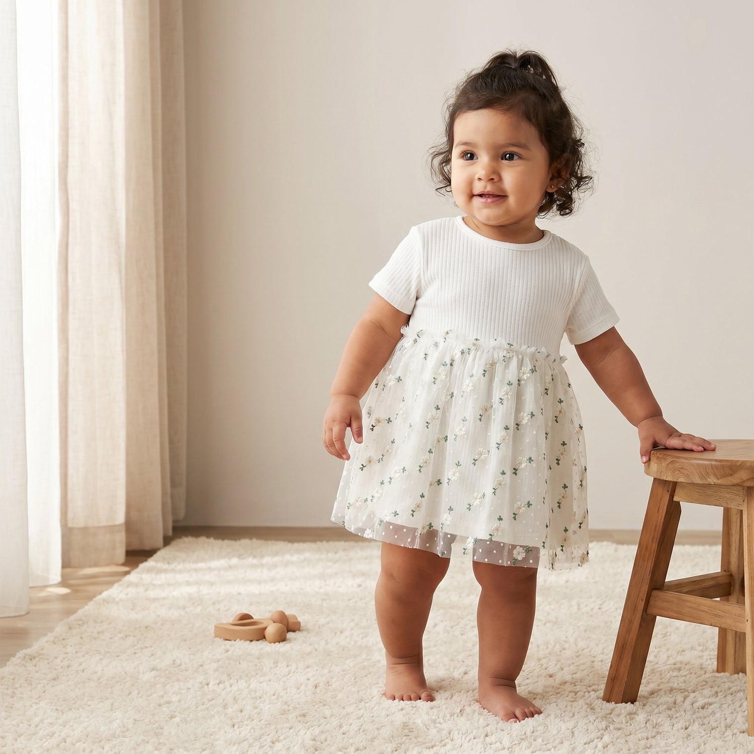 Giggles Round Neck Short Sleeves Knee Length A-line Dress with Floral Embroidery - White / 12-18 mths