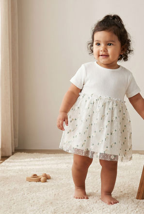 Giggles Round Neck Short Sleeves Knee Length A-line Dress with Floral Embroidery