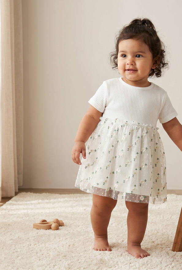 Giggles Round Neck Short Sleeves Knee Length A-line Dress with Floral Embroidery