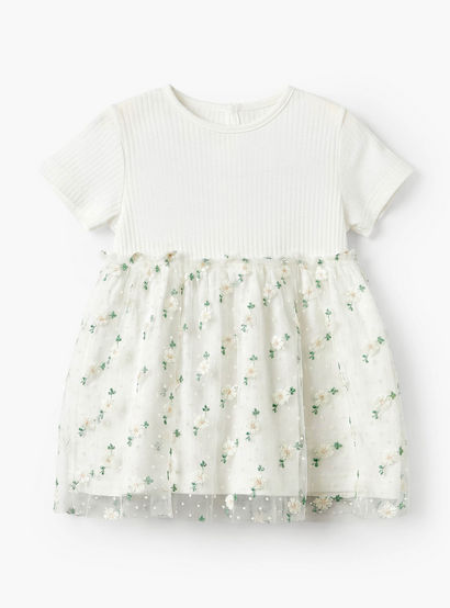 Giggles Round Neck Short Sleeves Knee Length A-line Dress with Floral Embroidery-baby-girls-clothing-dressesandjumpsuits-image-2
