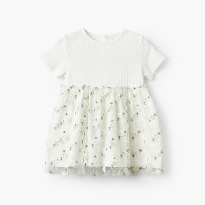 Giggles Round Neck Short Sleeves Knee Length A-line Dress with Floral Embroidery