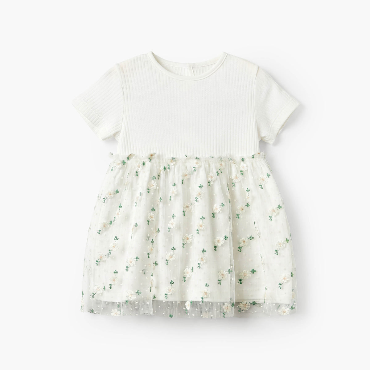 Giggles Round Neck Short Sleeves Knee Length A-line Dress with Floral Embroidery