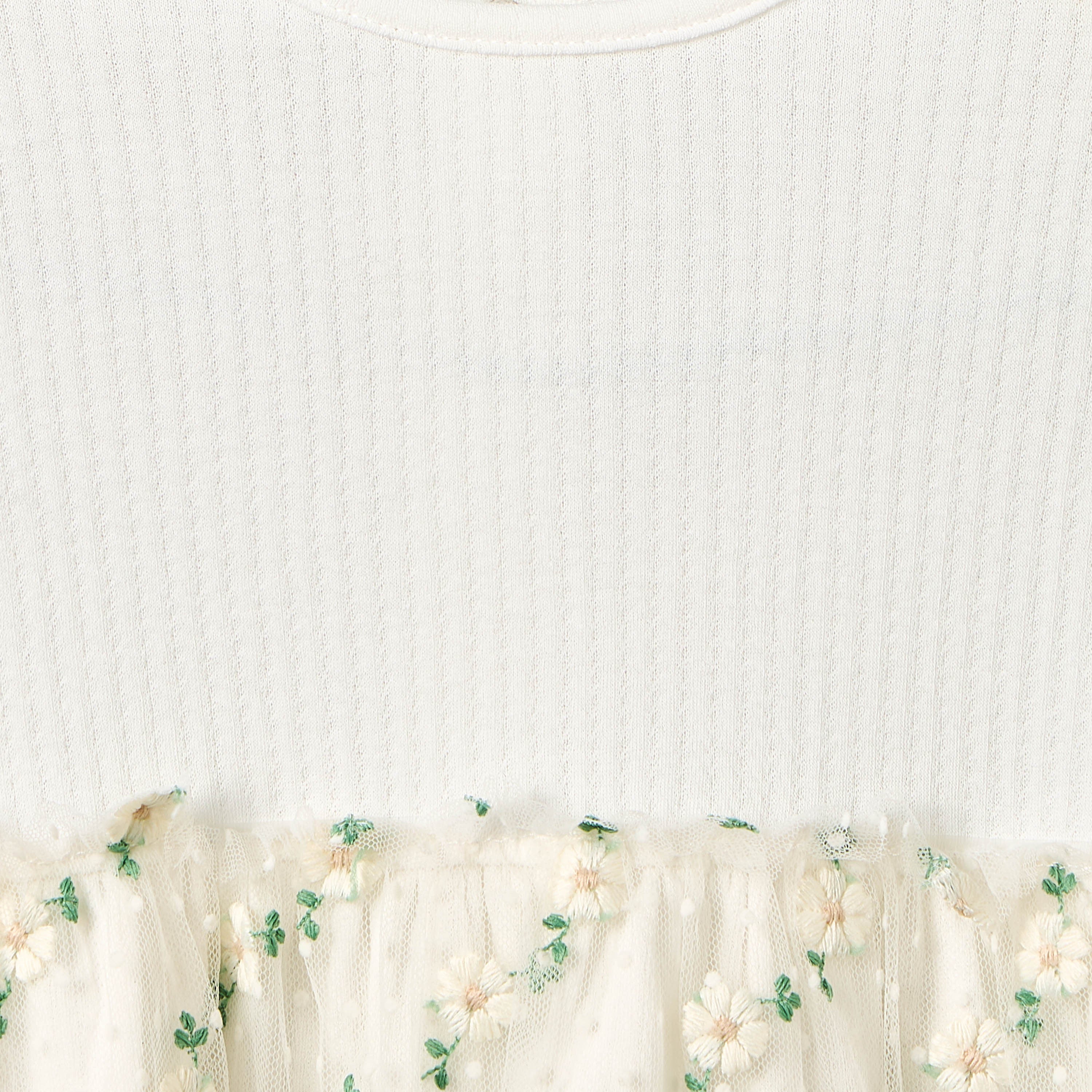 Giggles Round Neck Short Sleeves Knee Length A-line Dress with Floral Embroidery