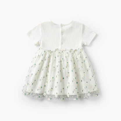Giggles Round Neck Short Sleeves Knee Length A-line Dress with Floral Embroidery