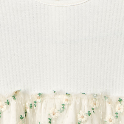 Giggles Round Neck Short Sleeves Knee Length A-line Dress with Floral Embroidery