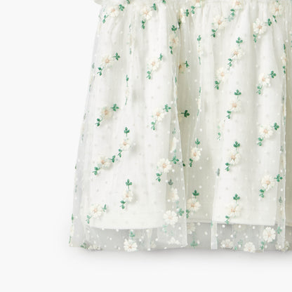 Giggles Round Neck Short Sleeves Knee Length A-line Dress with Floral Embroidery