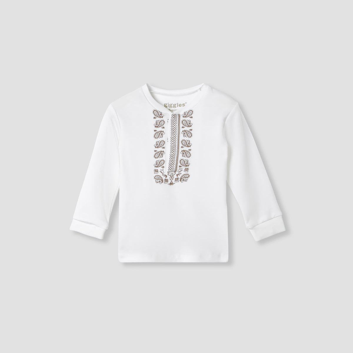 Giggles Pyjama Set with Embroidery Detail - Supima Cotton - Long Sleeves - Henley Neck
