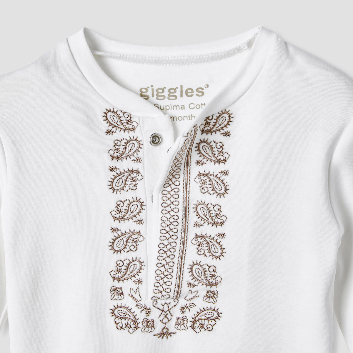Giggles Pyjama Set with Embroidery Detail - Supima Cotton - Long Sleeves - Henley Neck