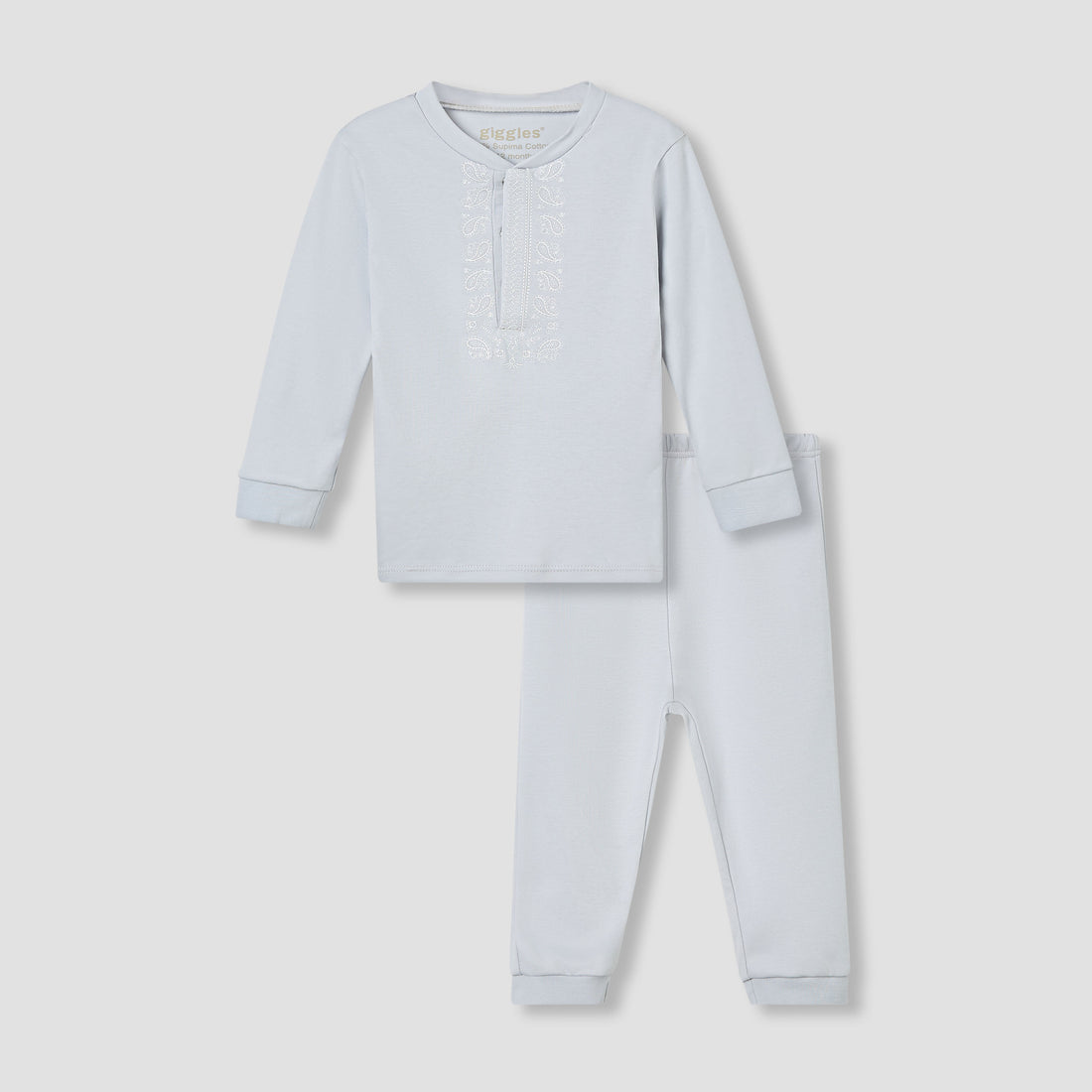 Giggles Pyjama Set with Embroidery - Cotton - Long Sleeves - Round Neck - Grey / 12-18 mths