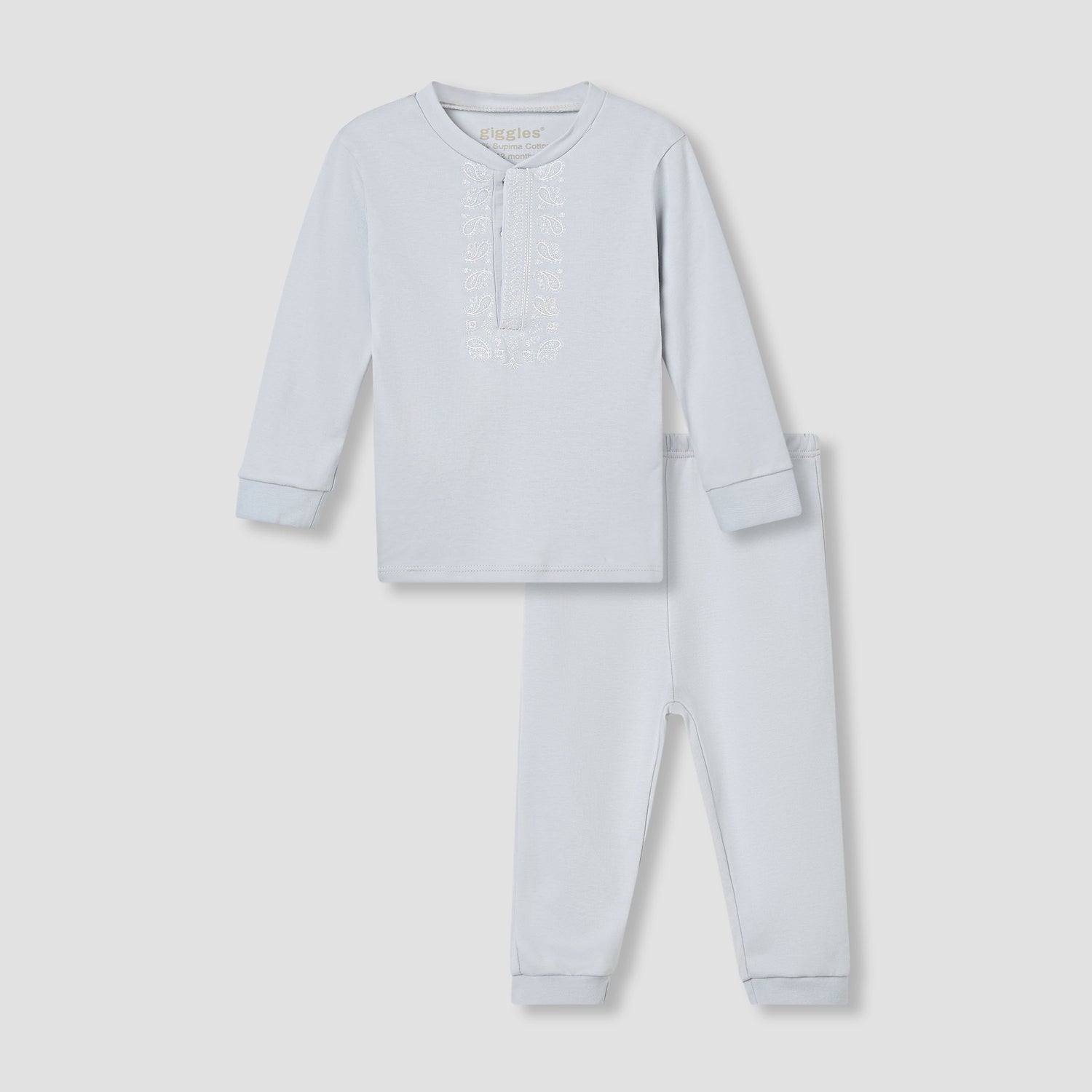 Giggles Pyjama Set with Embroidery - Cotton - Long Sleeves - Round Neck - Grey / 12-18 mths