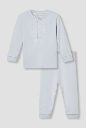 Giggles Pyjama Set with Embroidery - Cotton - Long Sleeves - Round Neck