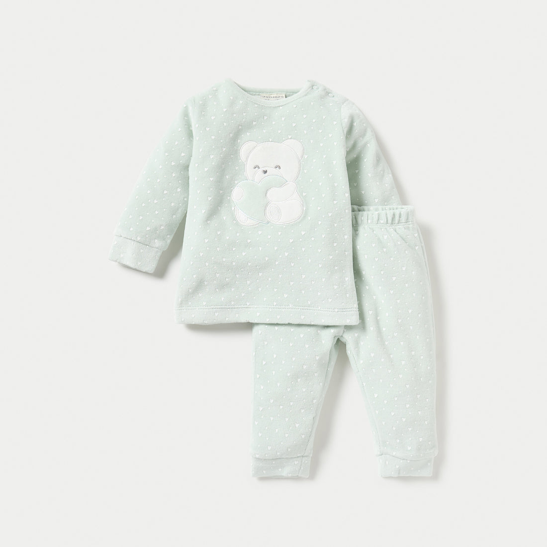 Juniors Bear Applique Velour Long Sleeves Sweatshirt and Pyjama Set - Green / 12-18 mths