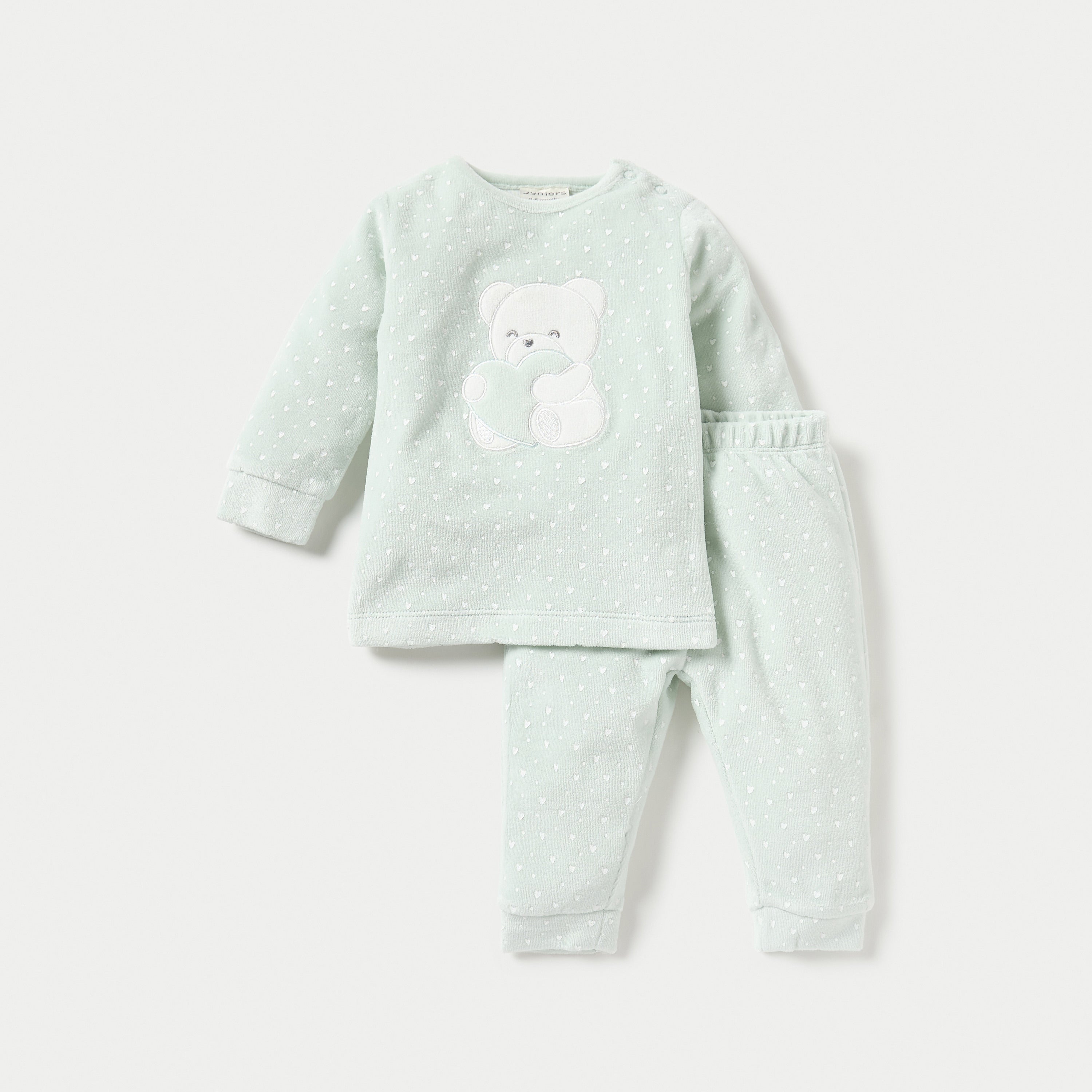 Juniors Bear Applique Velour Long Sleeves Sweatshirt and Pyjama Set - Green / 12-18 mths