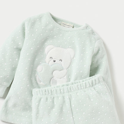 Juniors Bear Applique Velour Long Sleeves Sweatshirt and Pyjama Set