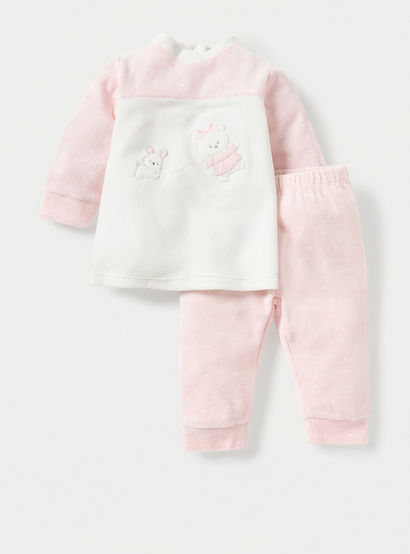 Juniors Teddy and Mouse Applique Long Sleeves Velour Sweatshirt and Pyjama Set-baby-girls-clothing-nightwear-pyjamasets-image-1